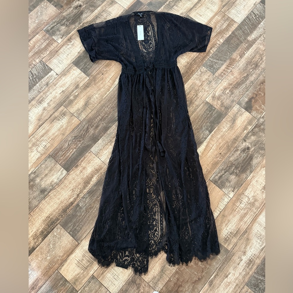 NWT AAKAA BLACK LACE TIE FRONT SWIM COVERUP MAXI DRESS SIZE SMALL